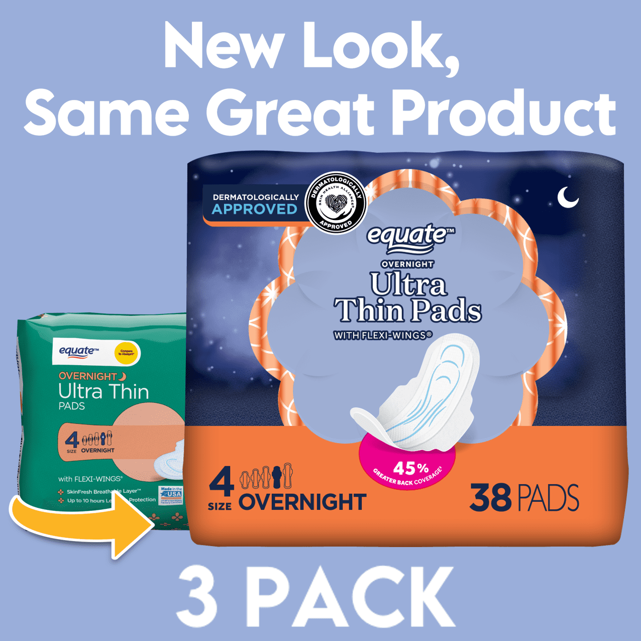 Equate Ultra Thin Pads with Wings, Unscented, Overnight, Size 4 (114 Count)