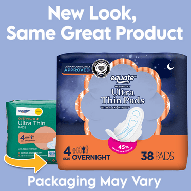 Equate Overnight Ultra Thin Pads with Wings, Size 4, Overnight Protection (38 Count)