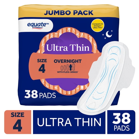 Equate Ultra Thin Pads with Flexi-Wings, Overnight Absorbency, Size 4, 38 Count