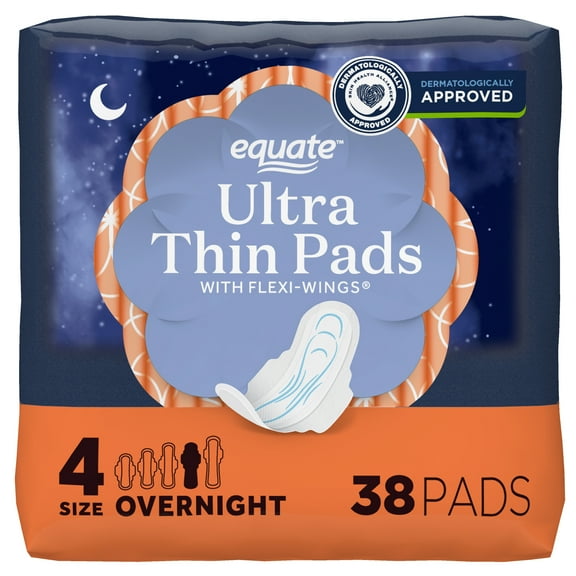 Equate Ultra Thin Pads with Wings, Size 4, Overnight Absorbency, Compare to Always (38 Count)