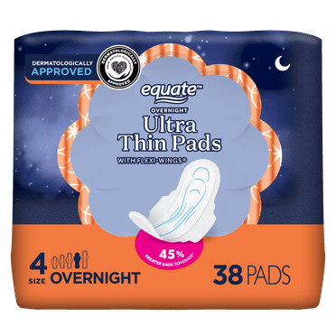 Equate Overnight Ultra Thin Pads with Wings, Size 4, Overnight Protection (38 Count)