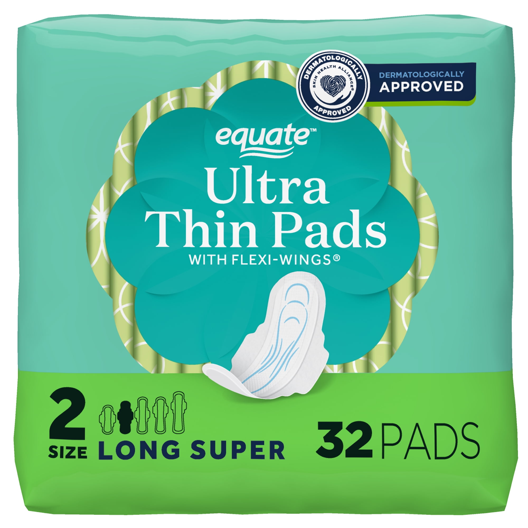 Equate Ultra Thin Pads with Wings, Size 2, Long Super Absorbency, Compare to Always (32 Count)