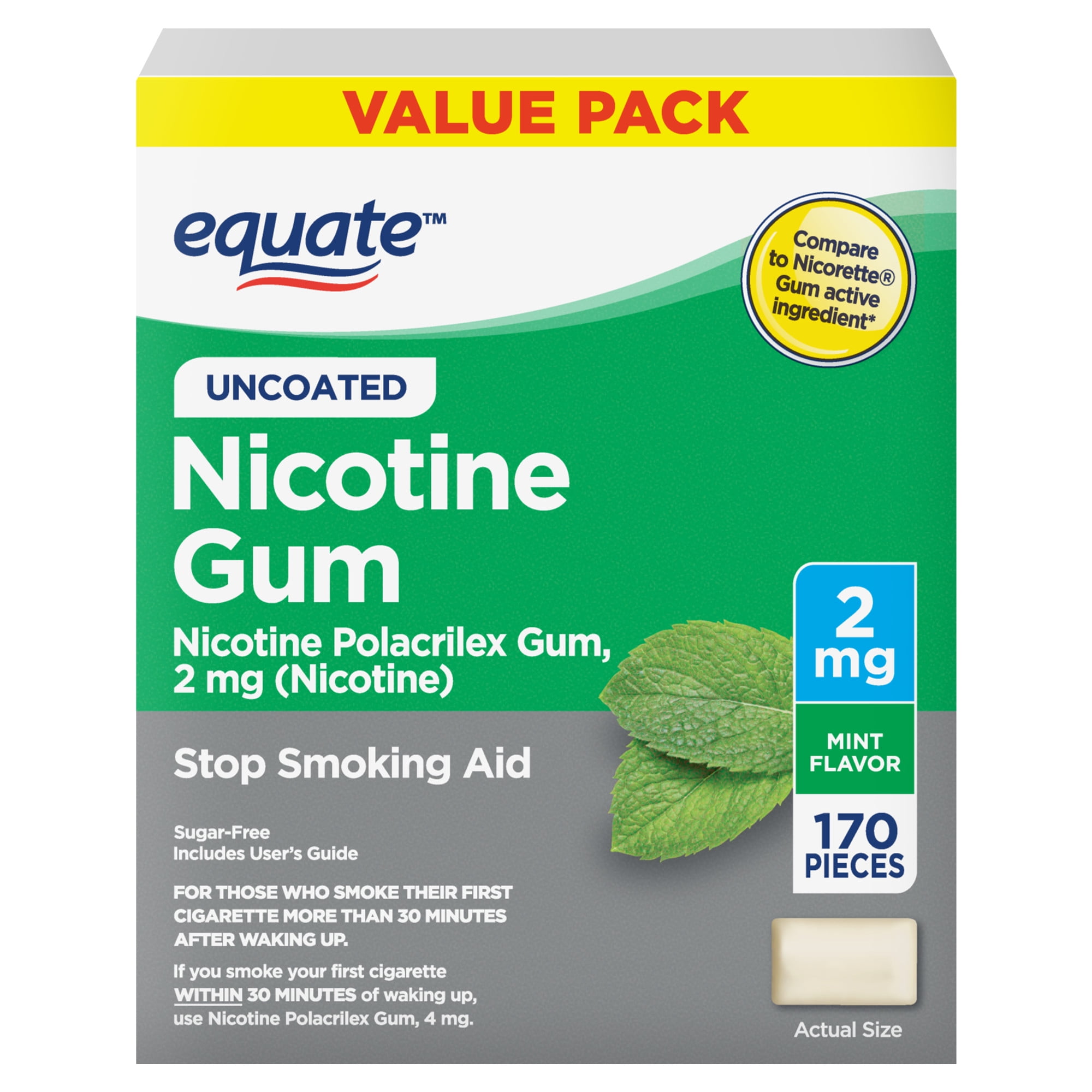 Equate Nicotine Gum 2 mg, Stop Smoking Aid, Mint Flavor, Uncoated, 170 Count