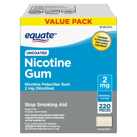Equate Uncoated Nicotine Polacrilex Gum 2 mg, Stop Smoking Aid, Original Flavor, 220 Count