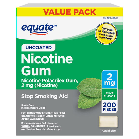 Equate Uncoated Nicotine Polacrilex Gum, 2 mg (nicotine), Stop Smoking Aid, Mint, 200 Ct