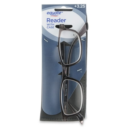 Equate Unisex Full Rim Reading Glasses with Case, Plastic Lens, Gray Frame, Single Vision, +3.25