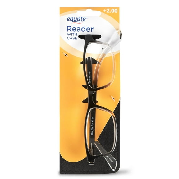 Equate Unisex Reader Glasses with Case, Plastic Lens, Black and Clear Color, +2.00