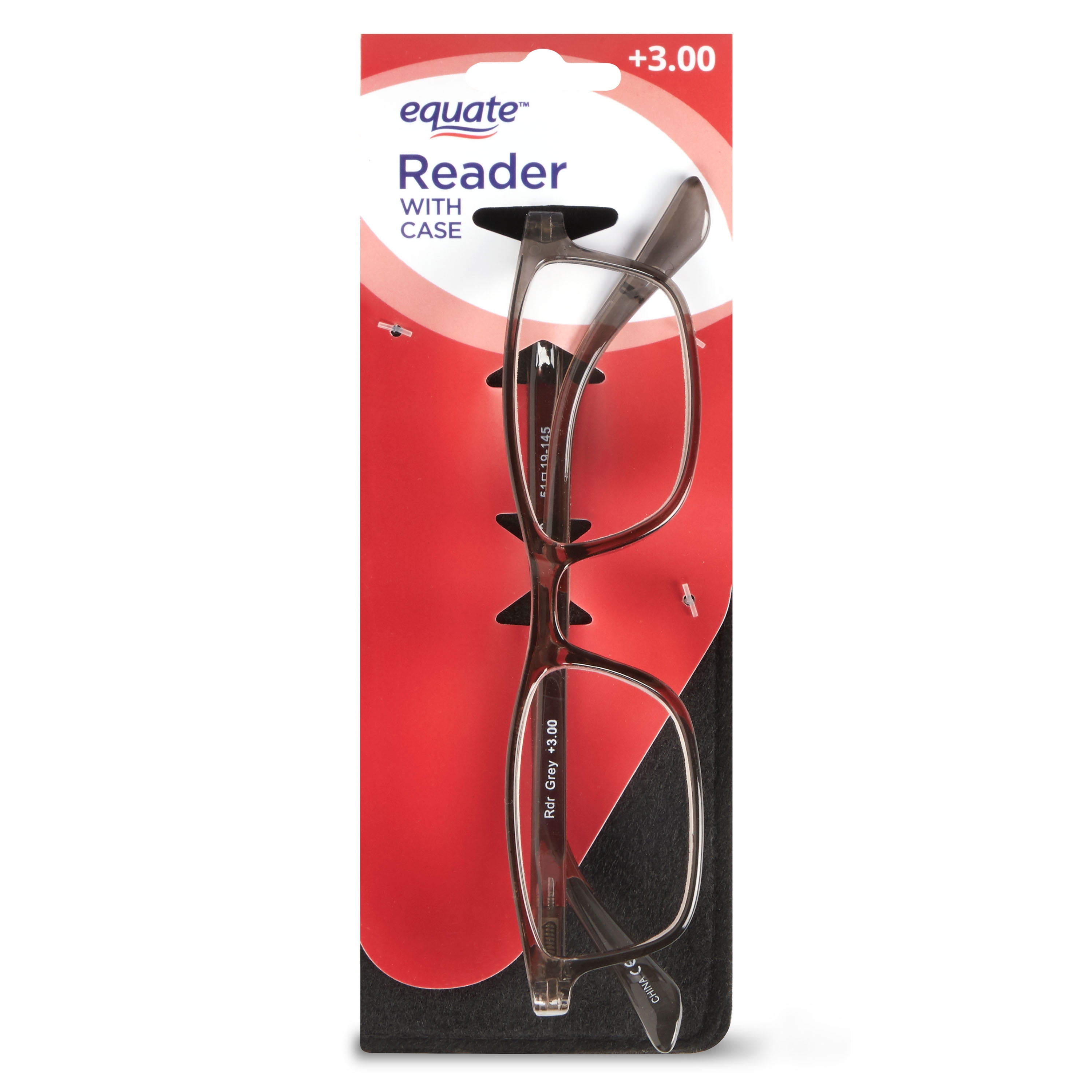 Equate Unisex Full Rim Reading Glasses with Case, Plastic Lens, Steel Gray, +3.00 Magnification