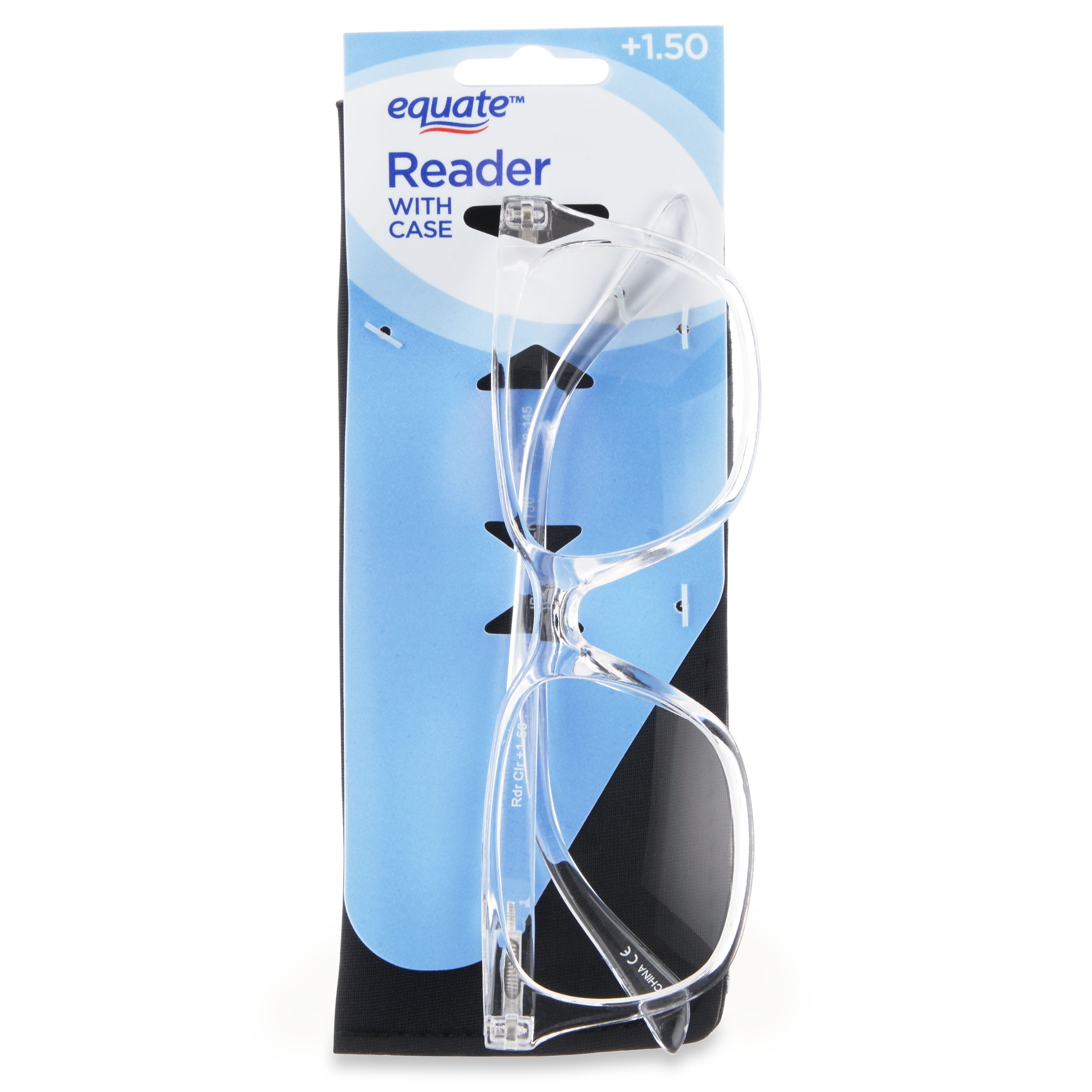 Equate Unisex Rectangular Single Vision Reading Glasses with Case, Plastic Lenses, Clear, +1.50