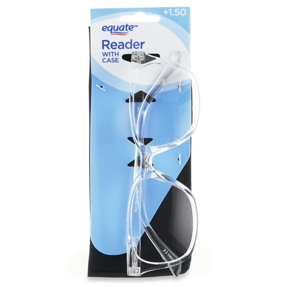 Equate Unisex Rectangular Single Vision Reading Glasses with Case, Plastic Lenses, Clear, +1.50