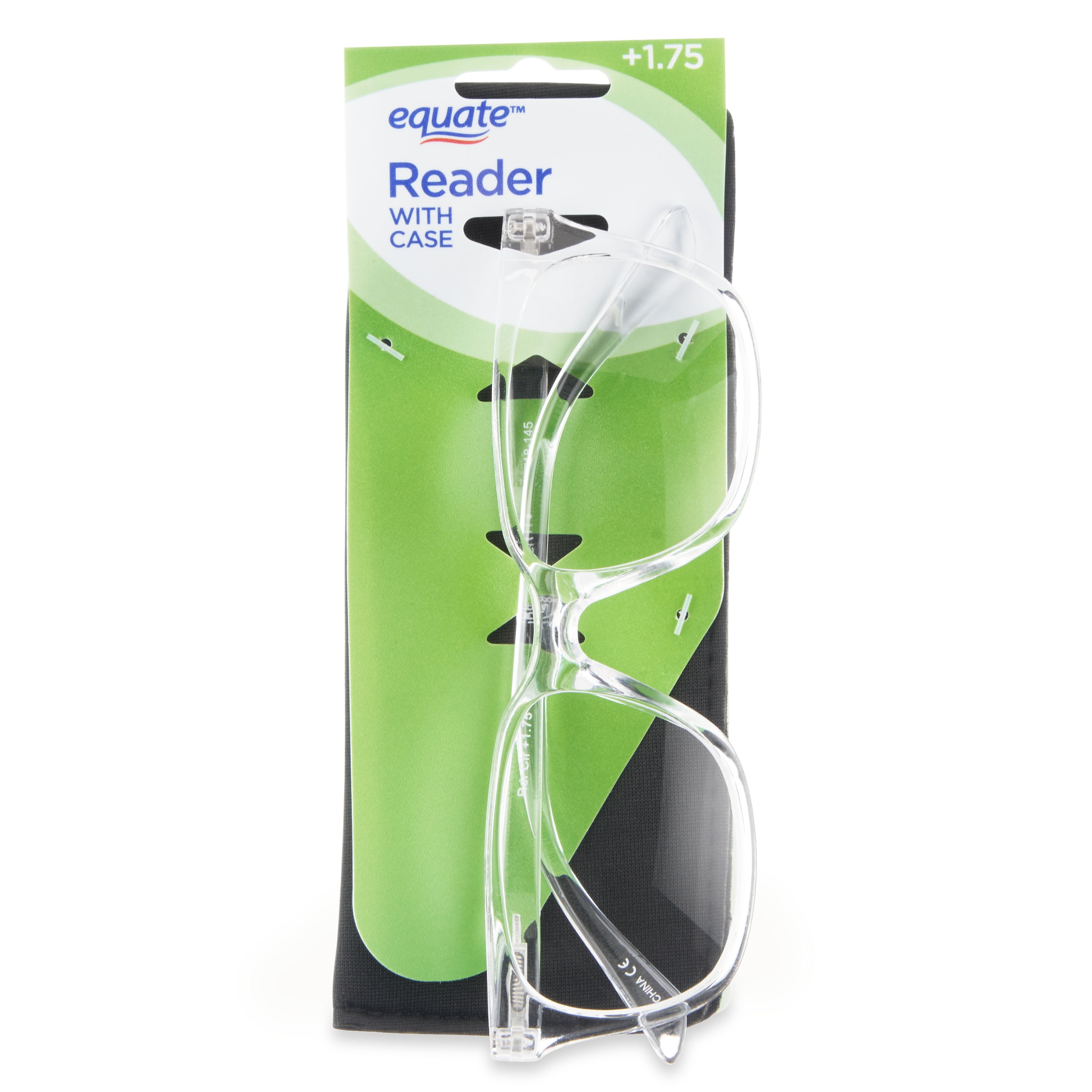 Equate Unisex Rectangular Single Vision Reading Glasses with Case, Plastic Lenses, Clear, +1.75