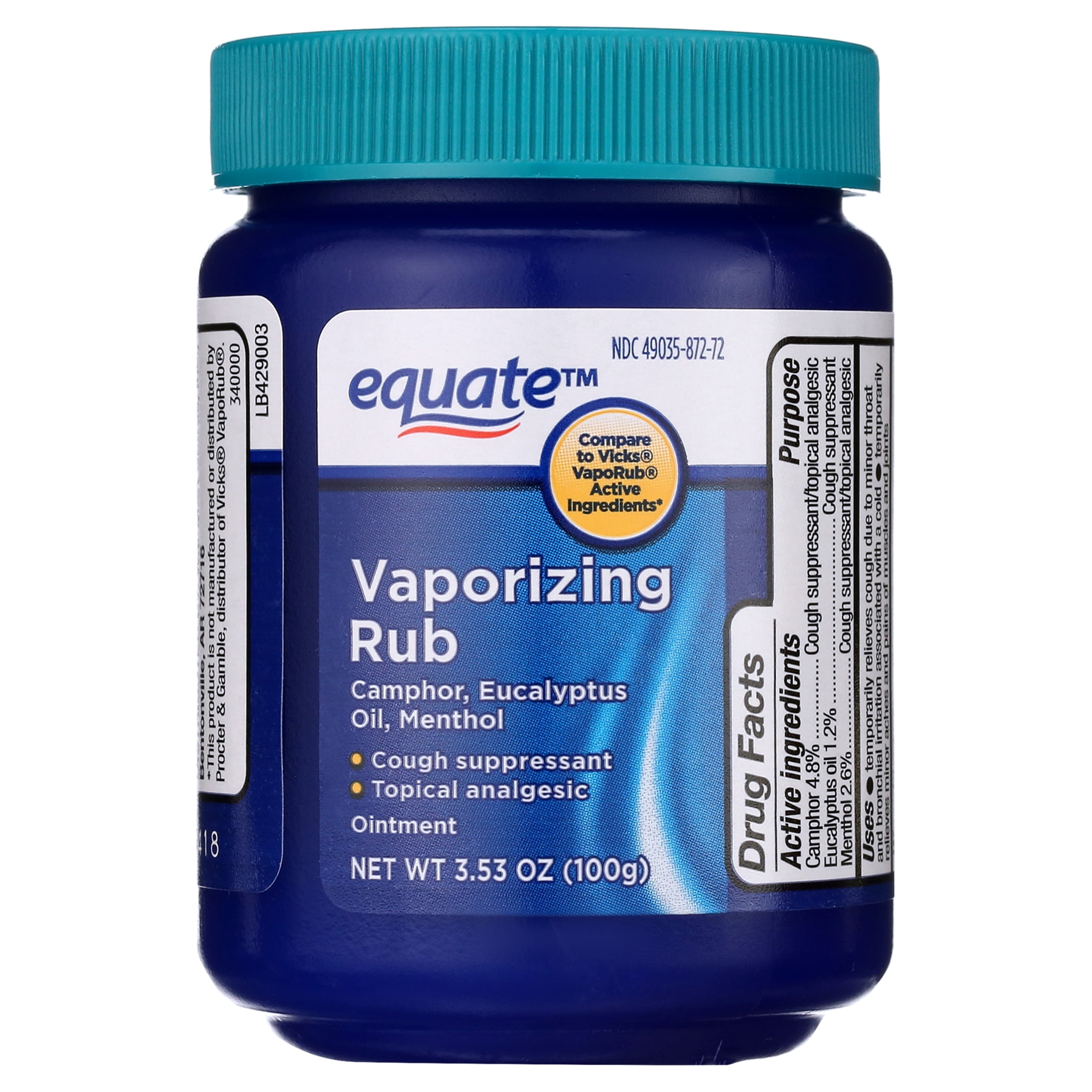 Equate Vaporizing Rub Ointment, 3.53 oz, Compare to Vicks VapoRub Active Ingredients
