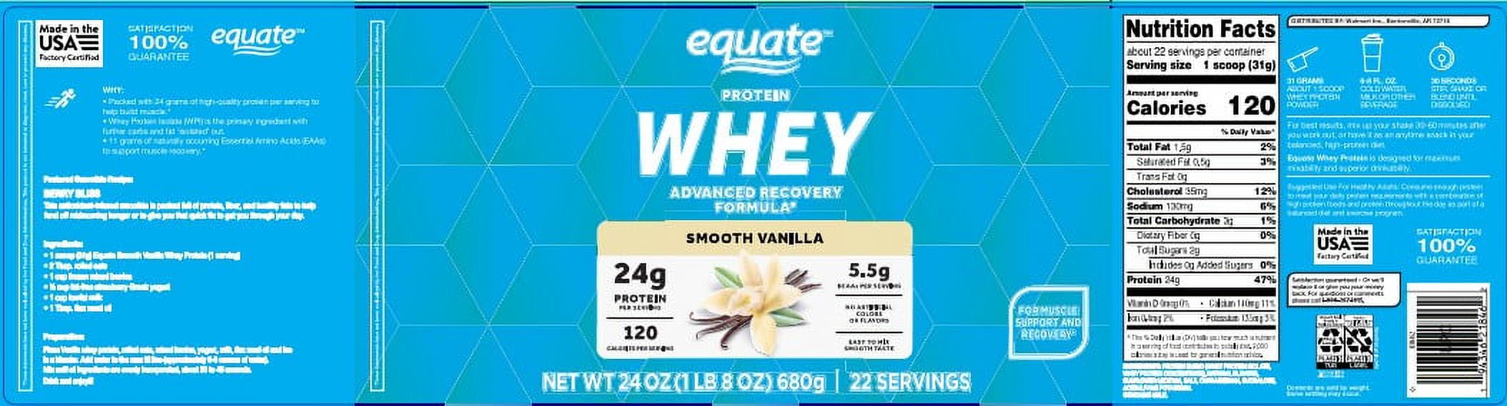 Equate Whey Protein Powder Smooth Vanilla, 24oz, 22 Servings