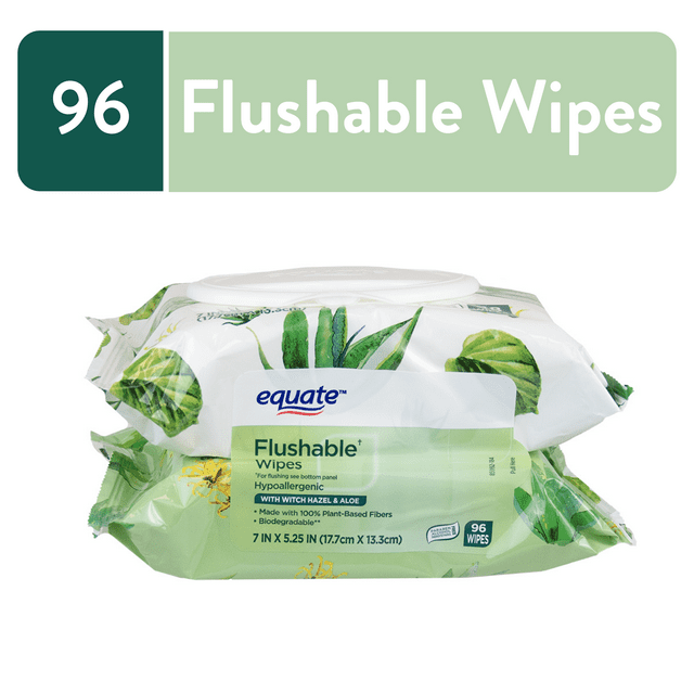 Equate Witch Hazel and Aloe Scent Flushable Wipes, 2 FlipTop Packs (96 Total Wipes)