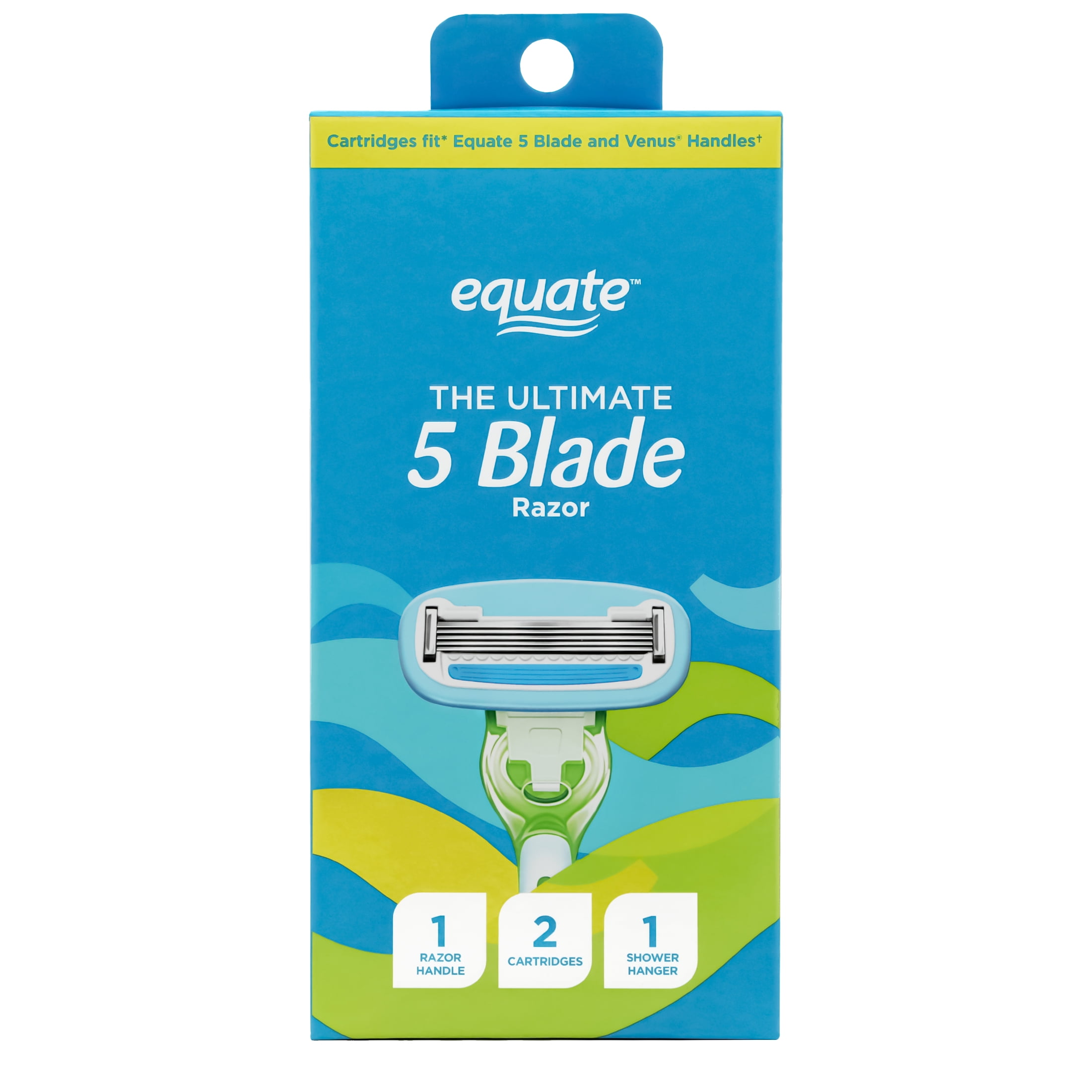 Equate Women's 5 Blade Razor, Cartridges Fit Equate 5 Blade and Gillette Venus Handles (1 Razor Handle, 2 Cartridges, 1 Shower Hanger)