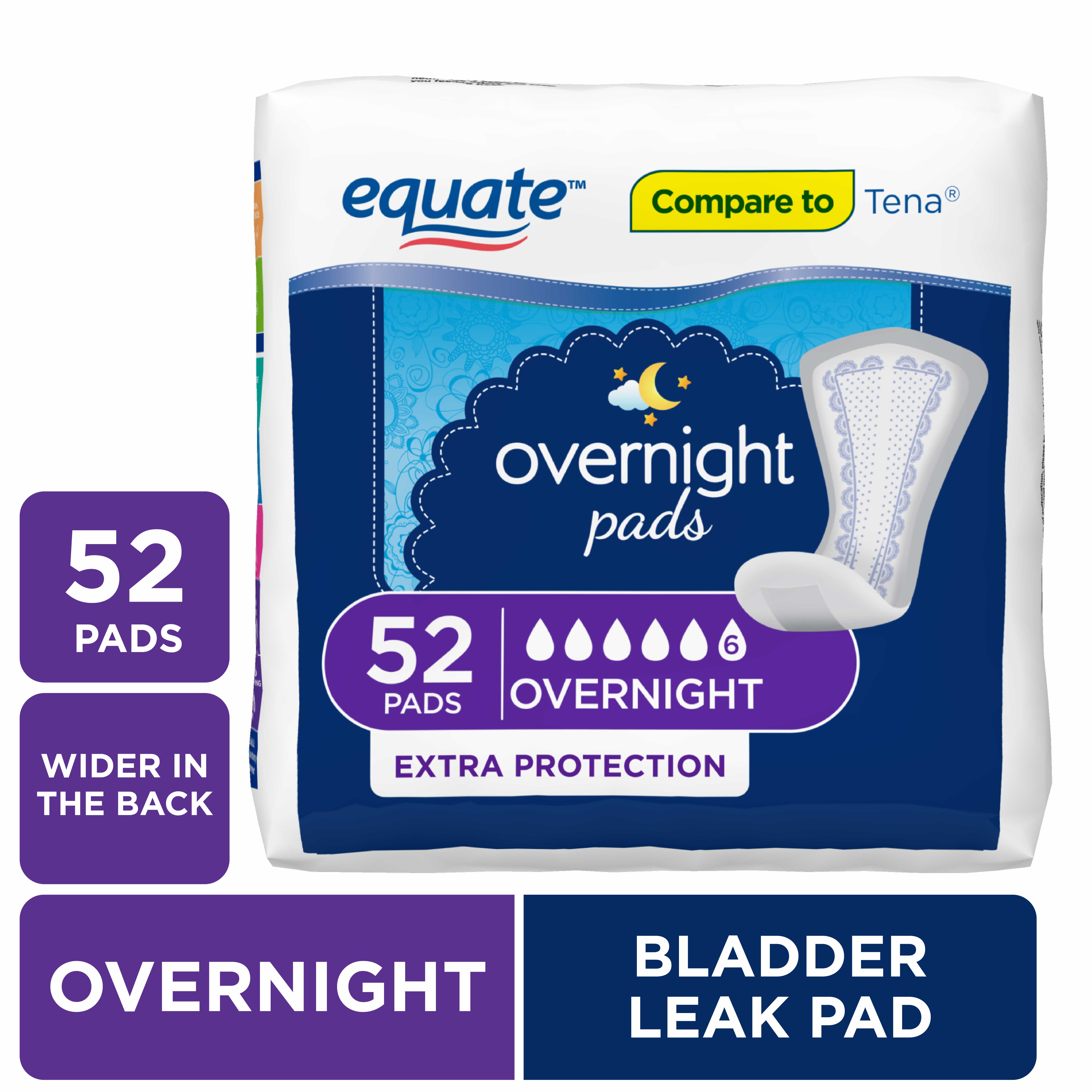 Equate Women's Overnight Incontinence Pads, Ultimate Absorbency (52 Count), Compare to Tena