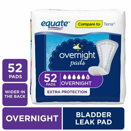 Equate Women's Overnight Incontinence Pads, Ultimate Absorbency (52 Count), Compare to Tena®