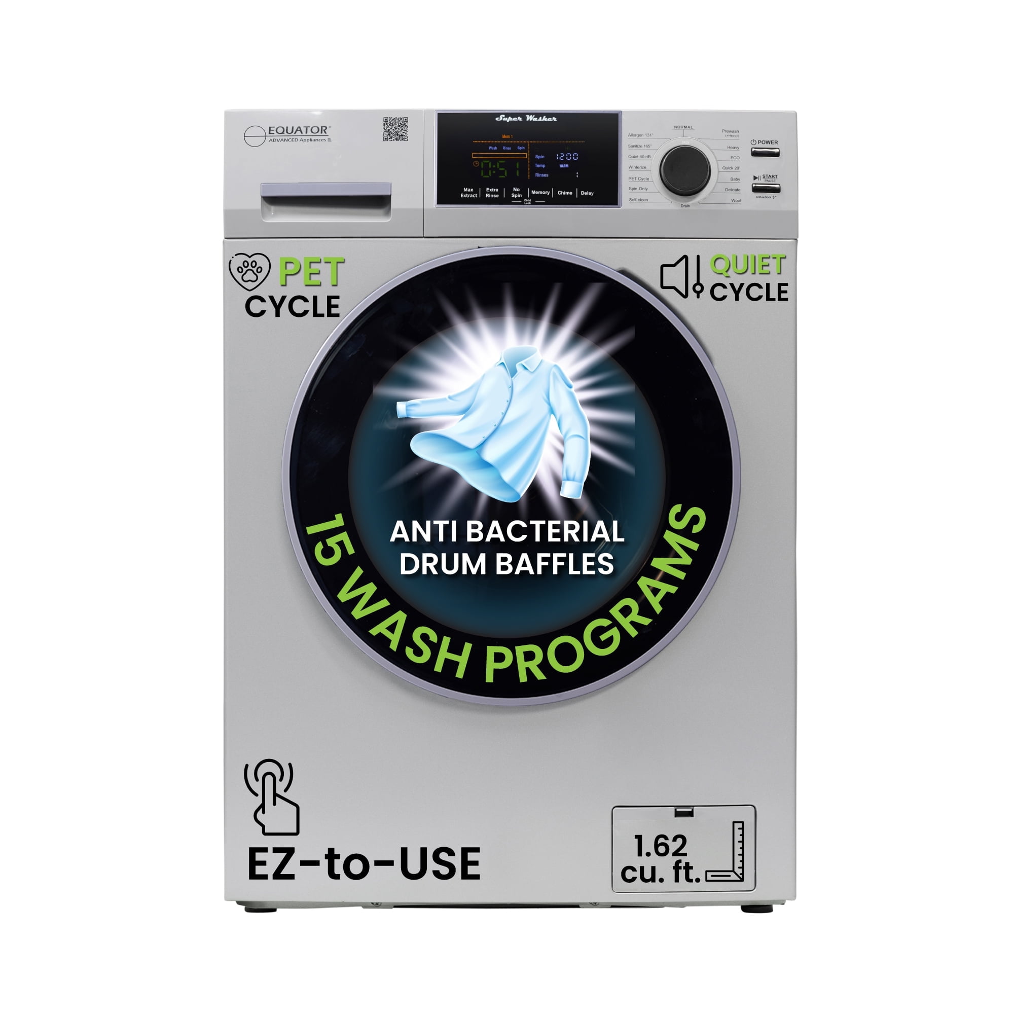 Equator 1.6cf/15lbs Compact Washer 15 Wash Sanitize Allergen PET Cycle With 2 Min. Winterize ( Anti-freeze) Option 1400RPM / 110V