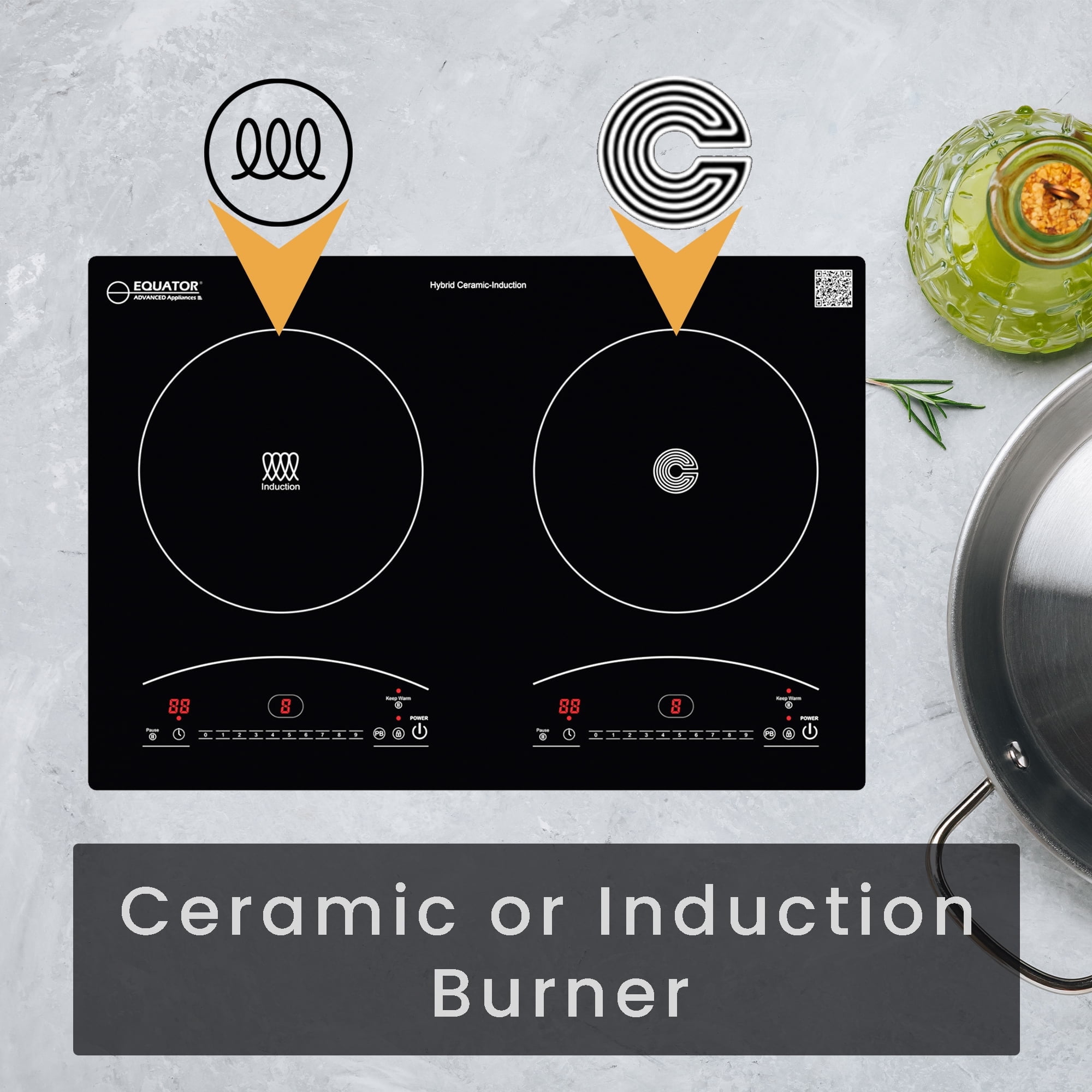 Equator 20" Electric Hybrid CERAMIC-INDUCTION 2 Burner Cooktop with 9 Power 110V