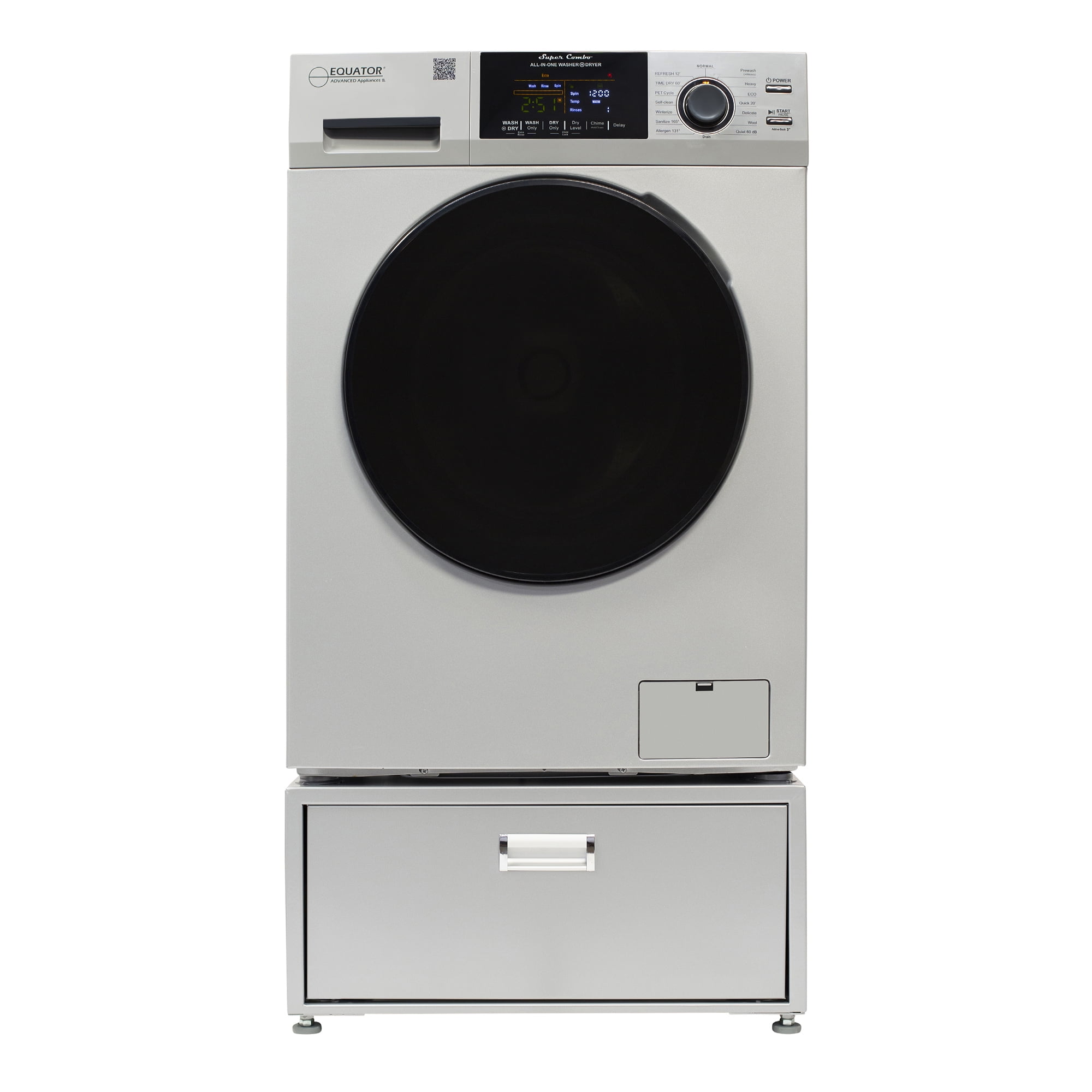 Equator All-in-One Washer Dryer VENTED-DRY 30% FASTER than Condense 15lb 110V with pedestal, Adjustable legs and Sanitize Cycle