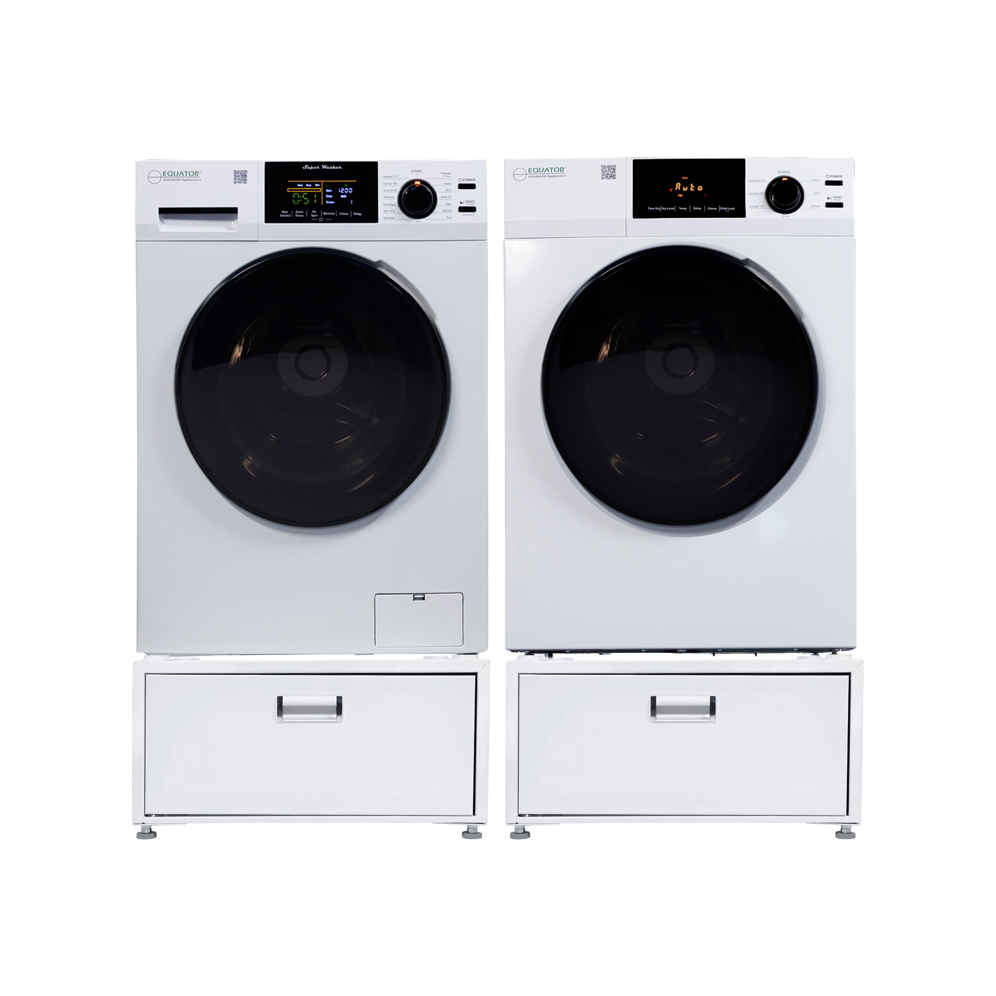 Equator COMPLETE LAUNDRY SET Sani Washer 1.9cf 110V +Vented Dryer 220V+ Pedestals