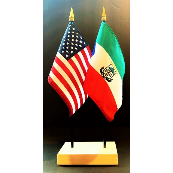 Equatorial Guinea Table Flag Set; One USA and International Rayon 4x6 inch Flag Plus a White Base