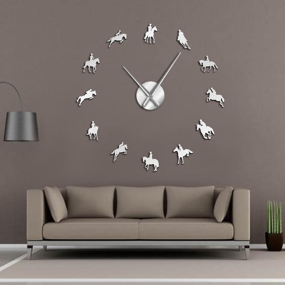Equestrian DIY Large Wall Clock Equestrianism Decorative Wall Art Stickers Horse Race Horse Riding Mirror Effect Arylic Clocks(Silver,27inch)