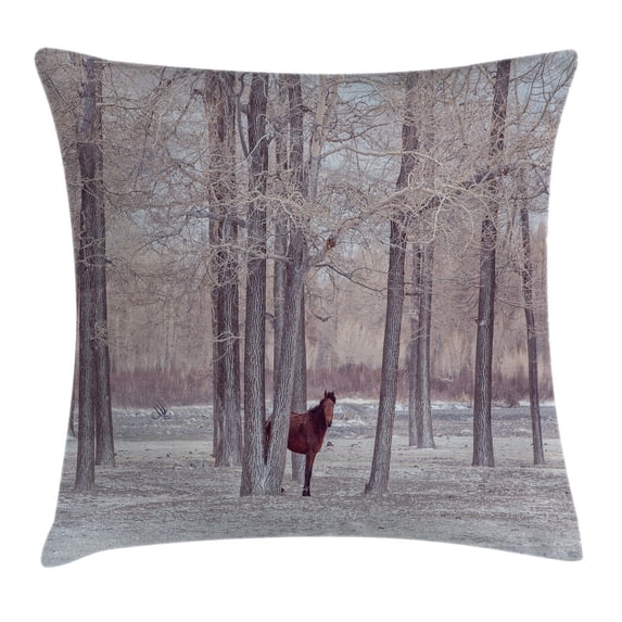 Equestrian Decor Throw Pillow Cushion Cover, Lonely Horse in Forest Stands behind Leafless Trees Winter Snowy Panorama, Decorative Square Accent Pillow Case, 18 X 18 Inches, Brown Beige, by Ambesonne