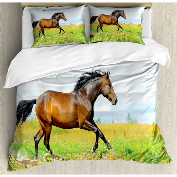 Equestrian Duvet Cover Set Queen Size, Horse Runs Gallop on Flower Meadow Rural Freedom Animal Picture, Decorative 3 Piece Bedding Set with 2 Pillow Shams, Baby Blue Apple Green Brown, by Ambesonne
