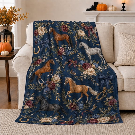 Equestrian Floral Elegance Horse Peony Motif, Rustic Farmhouse Horse Scene, Warm Flannel Blanket for Ranch House and Living Room, Horse Lovers Housewarming Gift, Rustic Home Decor
