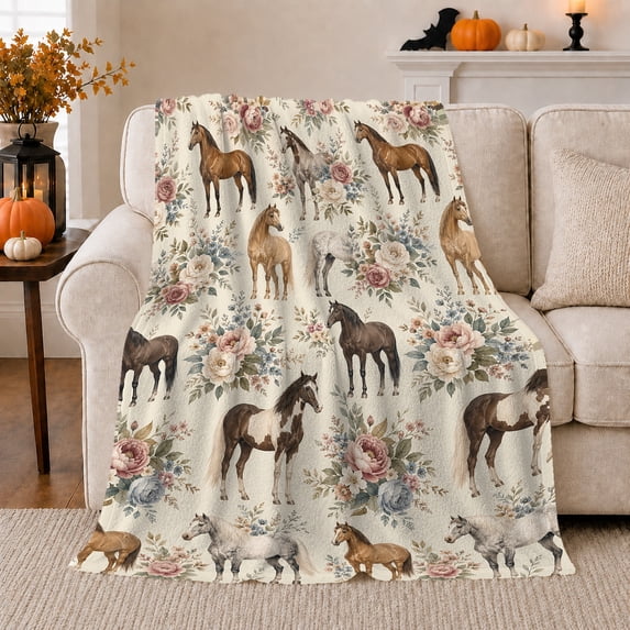 Equestrian Horse Floral, Rustic Farmhouse Horse Scene, Warm Flannel Blanket for Ranch House and Living Room with Detailed Artwork, Horse Lovers Housewarming Gift, Rustic Home Decor
