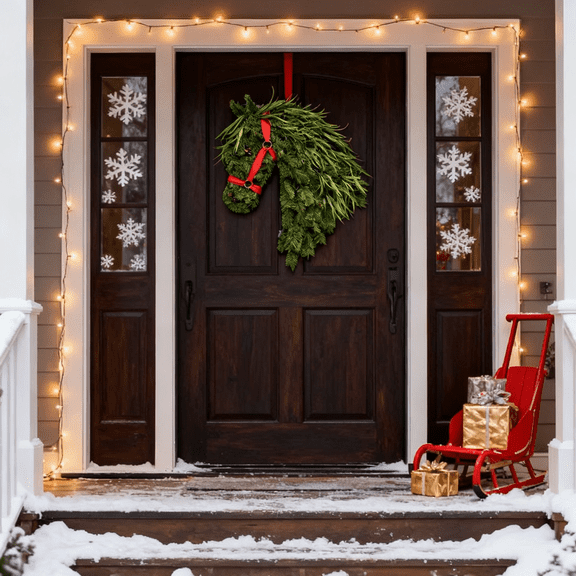 Equestrian Horse Head Wreath, Handmade Rustic Christmas Wreath, Faux Pine and Greenery Front Door Wreath with Red Bow for Holiday Porch Decoration