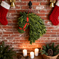 Equestrian Horse Head Wreath, Handmade Rustic Wreath with Faux Pine Greenery, Christmas Door Decor with Red Bow for Front Porch and Outdoors