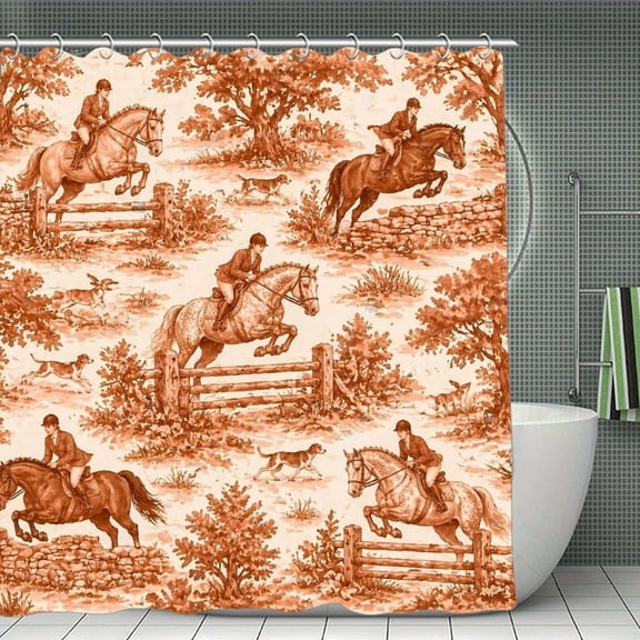 Equestrian Hunt Toile Pattern Print Shower Curtain 70.8×70.8Inch,Modern Fabric Waterproof Polyester Bathroom Home Decor Set with Hooks