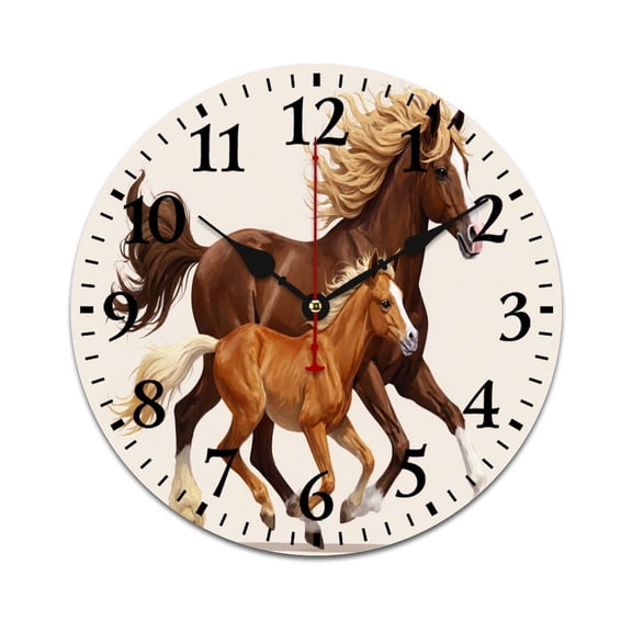 Equestrian Mare Foal 12 x 12 inch Wall Clocks For Farmhouse & Equestrian Room Decor, Brown Tan