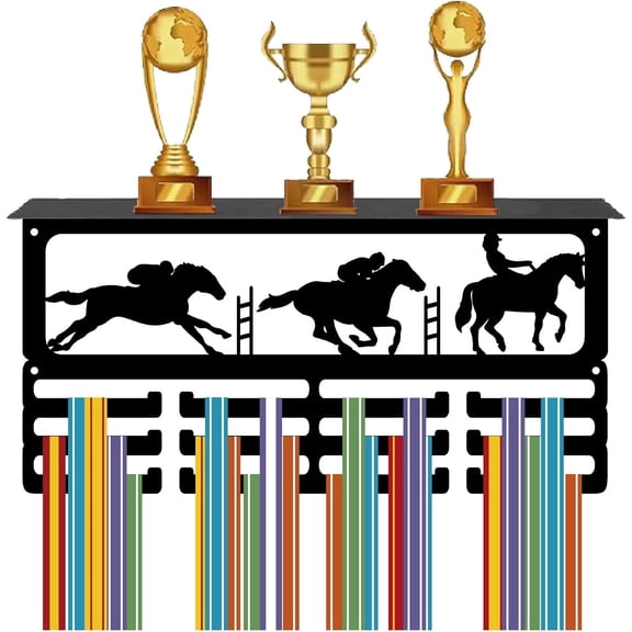 Equestrian Medal Hanger Trophy Shelf Display with 12 Hooks Horsemanship Horse Metal Medal Holder for DIY Wall Mount Hanging 60+ Sports Medals Organizer Rack with Shelf for DIY Awards 15.7x8x4Inch