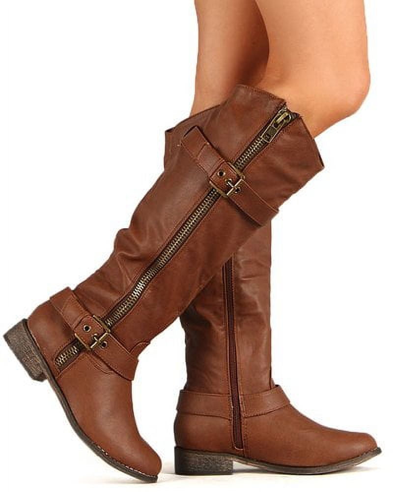 Buckled Chunky Heeled Slouchy Vegan Leather Knee High Boots (A-Tan