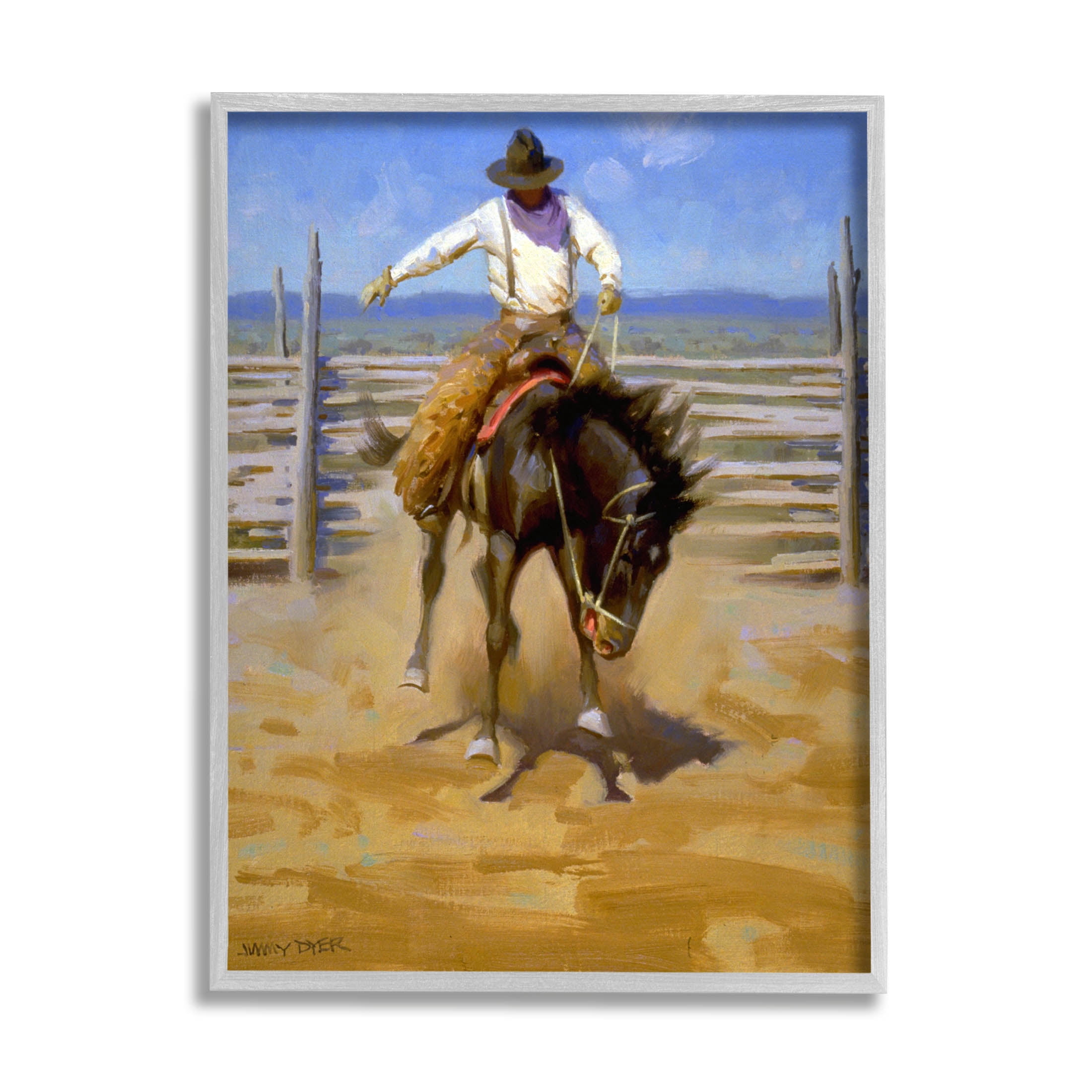 Equestrian Rodeo Horse Jockey Animals & Insects Painting Gray Framed Art Print Wall Art