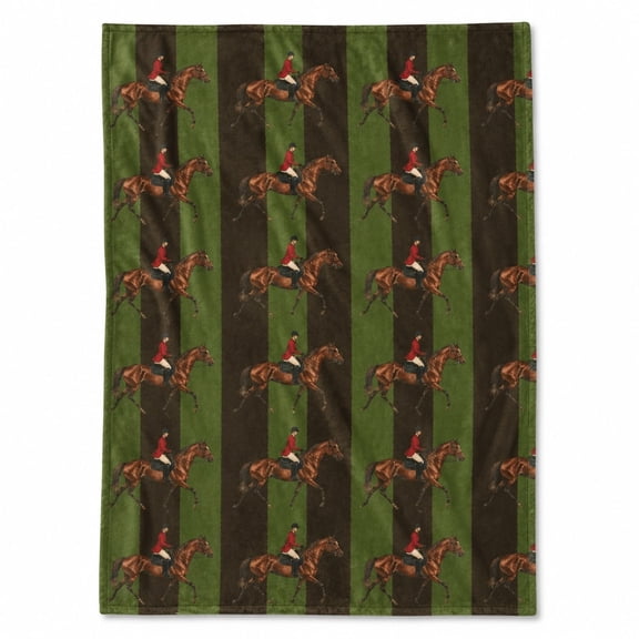 Equestrian Stripe Fleece Throw Blanket, Horse Rider Print Couch Accent