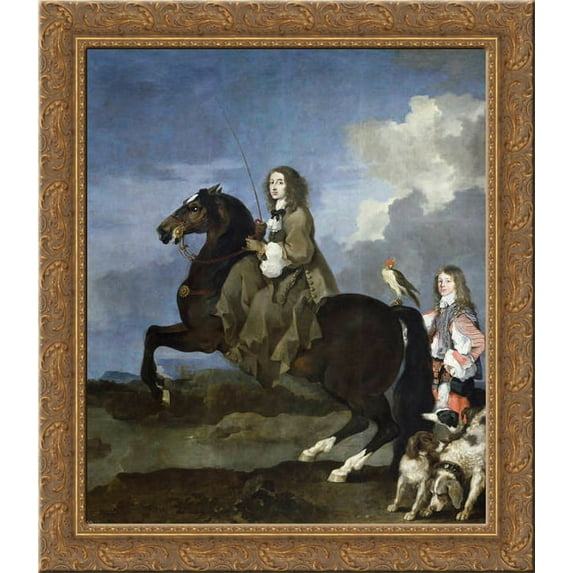 Equestrian portrait of Christina, Queen of Sweden 24x20 Gold Ornate Wood Framed Canvas Art by Sebastien Bourdon