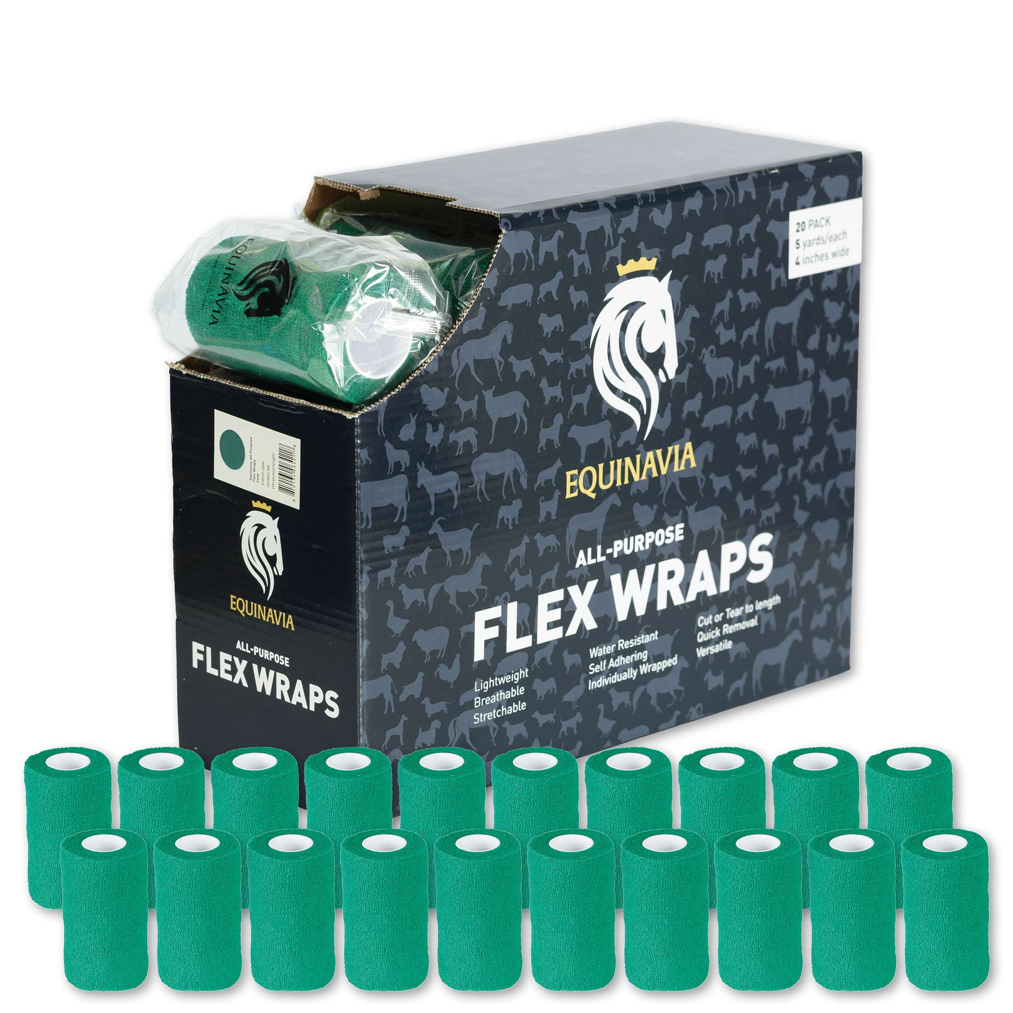 Equinavia 20 Pack Self Adhesive 4 Inch Vet Wraps with Easy-Dispenser Case | Bandages for Horses, Pets, Sports, Tattoo - Black - 20 x 5 yd