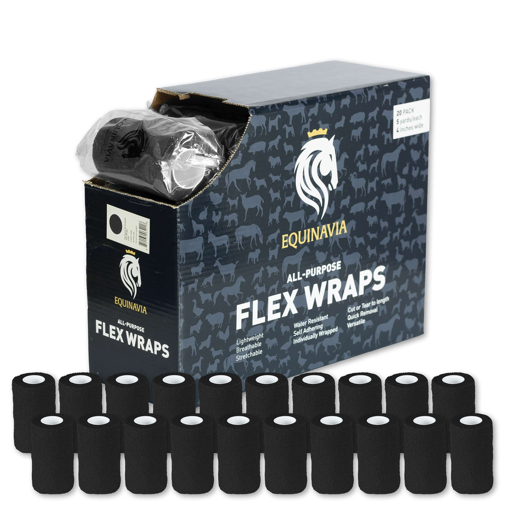 Equinavia 20 Pack Self Adhesive 4 Inch Vet Wraps with Easy-Dispenser Case | Bandages for Horses, Pets, Sports, Tattoo - Black - 20 x 5 yd