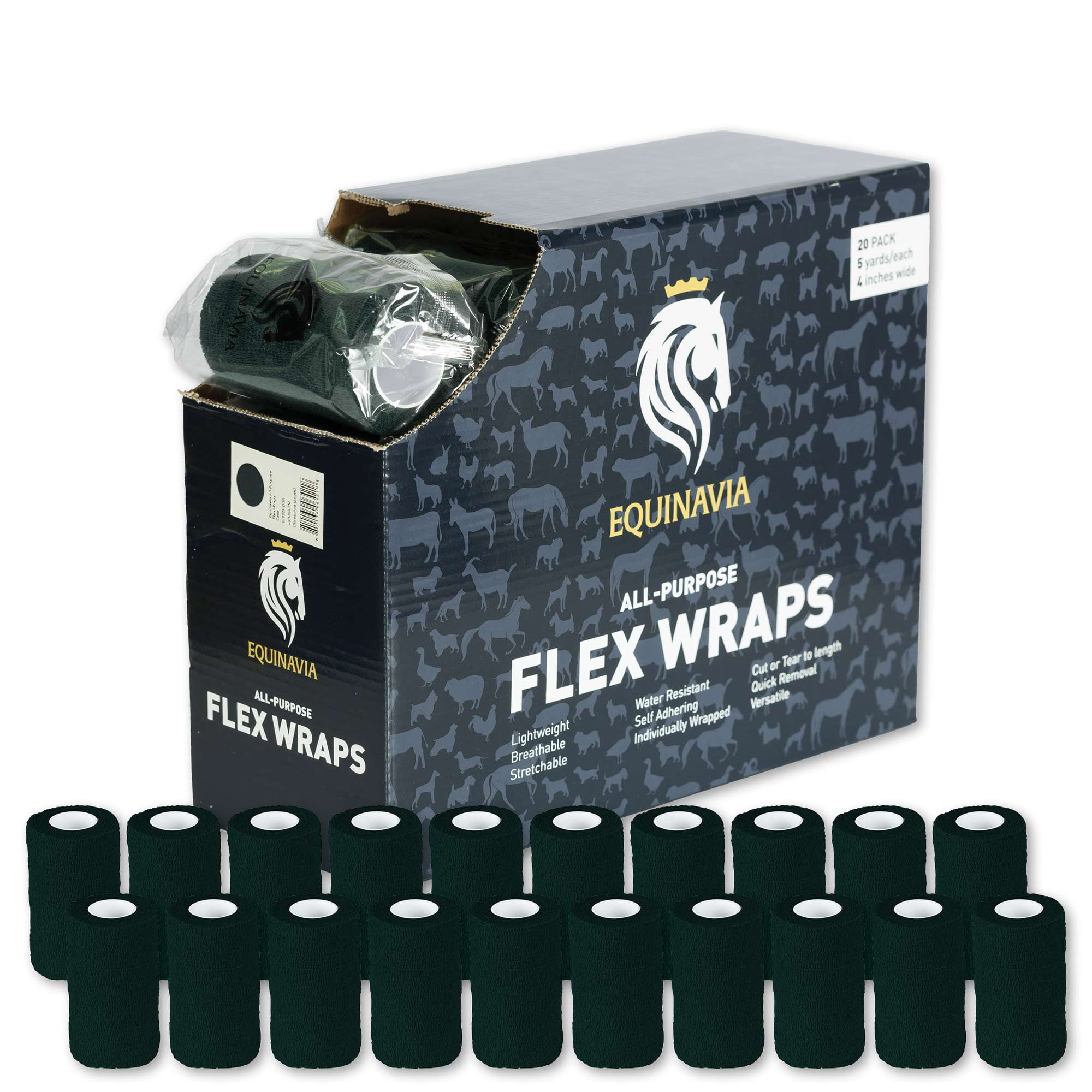 Equinavia 20 Pack Self Adhesive 4 Inch Vet Wraps with Easy-Dispenser Case | Bandages for Horses, Pets, Sports, Tattoo - Black - 20 x 5 yd