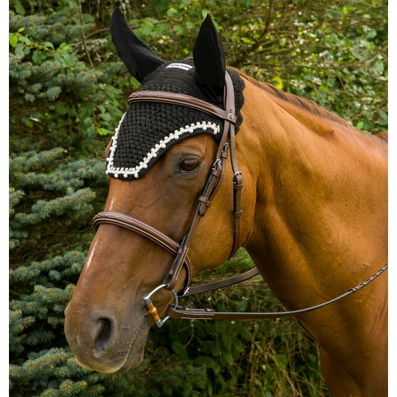 Equine Couture Fly Bonnet with Pearls and Crystals - Black - Cob