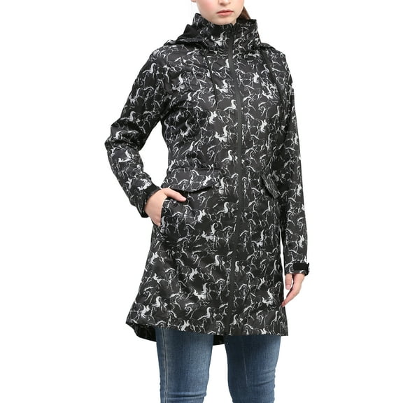 Equine Couture Ladies Linear Horse Rain Full Length Jacket-Black-XL