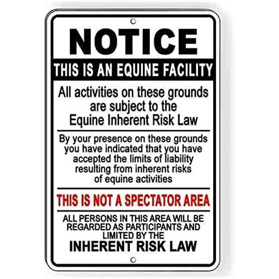 Equine Facility Inherent Risk Law Metal Sign Horses Stable 12"x8"