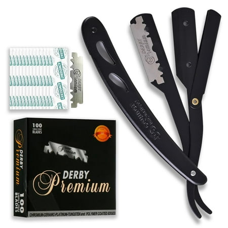 Equinox Professional Straight Edge Razor with 100 Single Derby Blades 100% Stainless Steel Razor and Blades - Close Shaving Men's Manual Shaver - Disposable Blades -Barber Straight Razor Kit - Black Matte Black Razor w/ 100 Derby Premium Blades