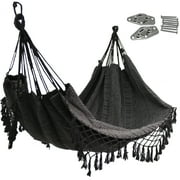 Equip Black Polyester Jacquard Macram  Hammock with Indoor Hanging Kit Bundle, Open Size 81 L x 59 W