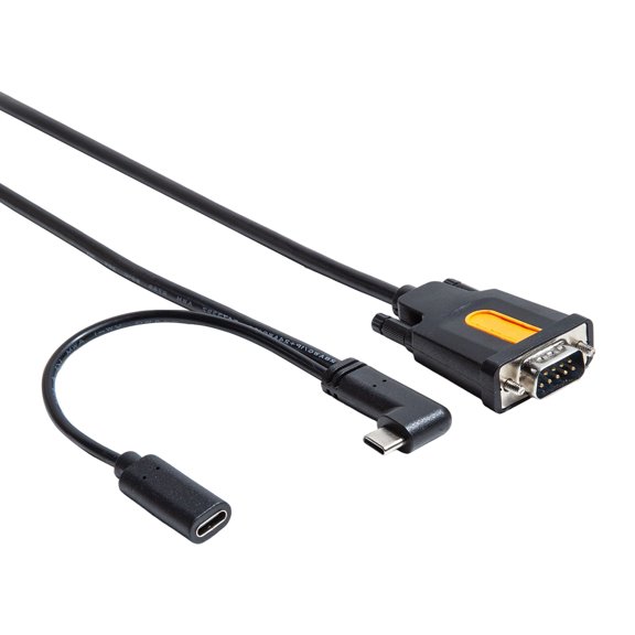 Equipment Debugging Type-C Cable, RS232 DB9 Male Adapter with 90-Degree Connector, Attached Power Input Branch, 4.9 ft Length and Black Finish