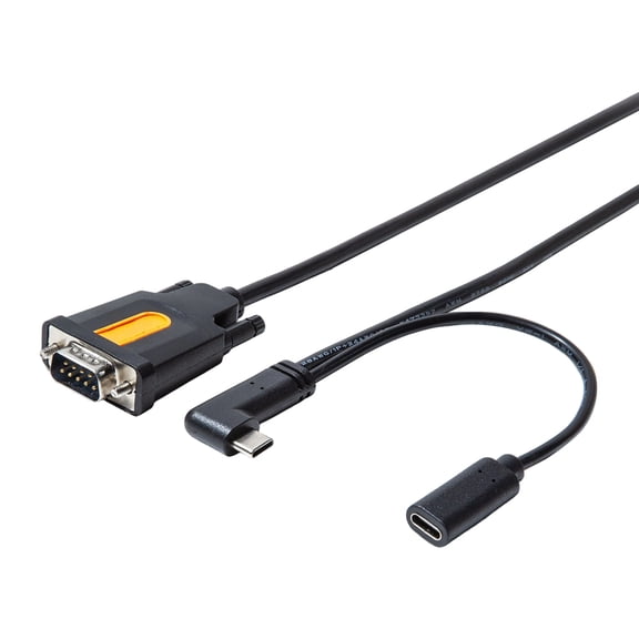 Equipment Debugging Type-C Cable, RS232 DB9 Male Adapter with 90-Degree Connector, Attached Power Input Branch, 4.9 ft Length and Black Finish